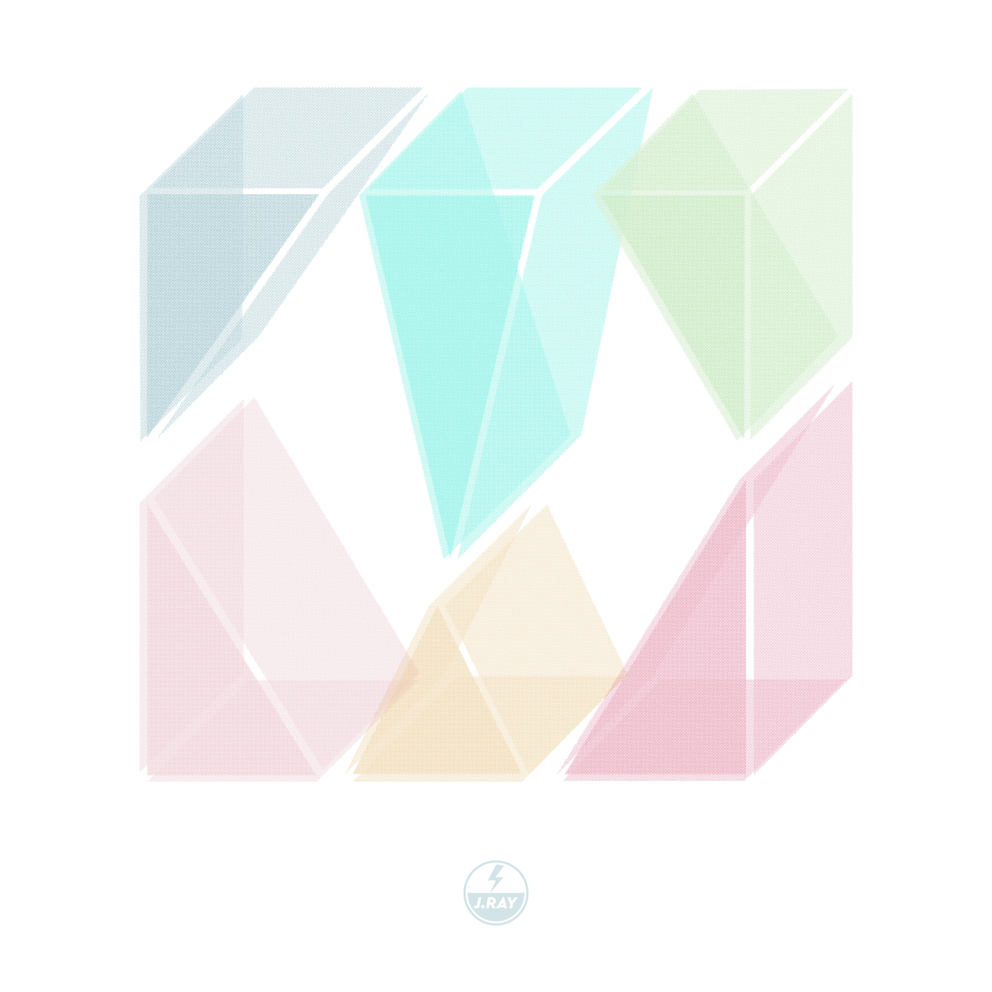 Artwork by J. Raydan showing 6 prism like pieces floating three on top and tree below. Each piece has a different color